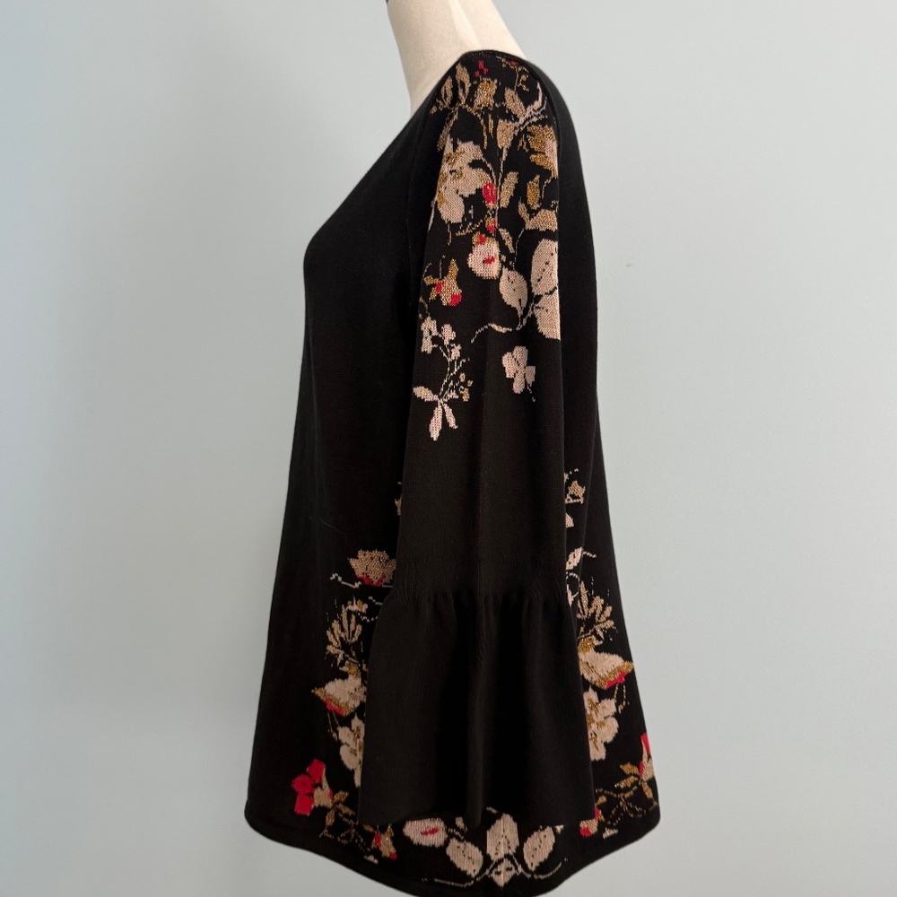 Chicos 2 Floral Sweater Womens Size Large Black 100% Cotton Jacquard Bell Sleeve - Picture 4 of 9
